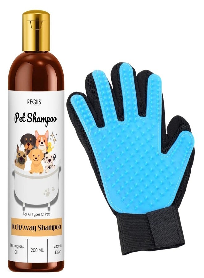 شامبو ريجيس للحيوانات الأليفة مع مجموعة قفازات للعناية، تركيبة زيت الليمون وفيتامين E وC، 200 مل، فرشاة إزالة الشعر باللونين الأزرق والأسود لجميع أنواع الحيوانات الأليفة - Image 1